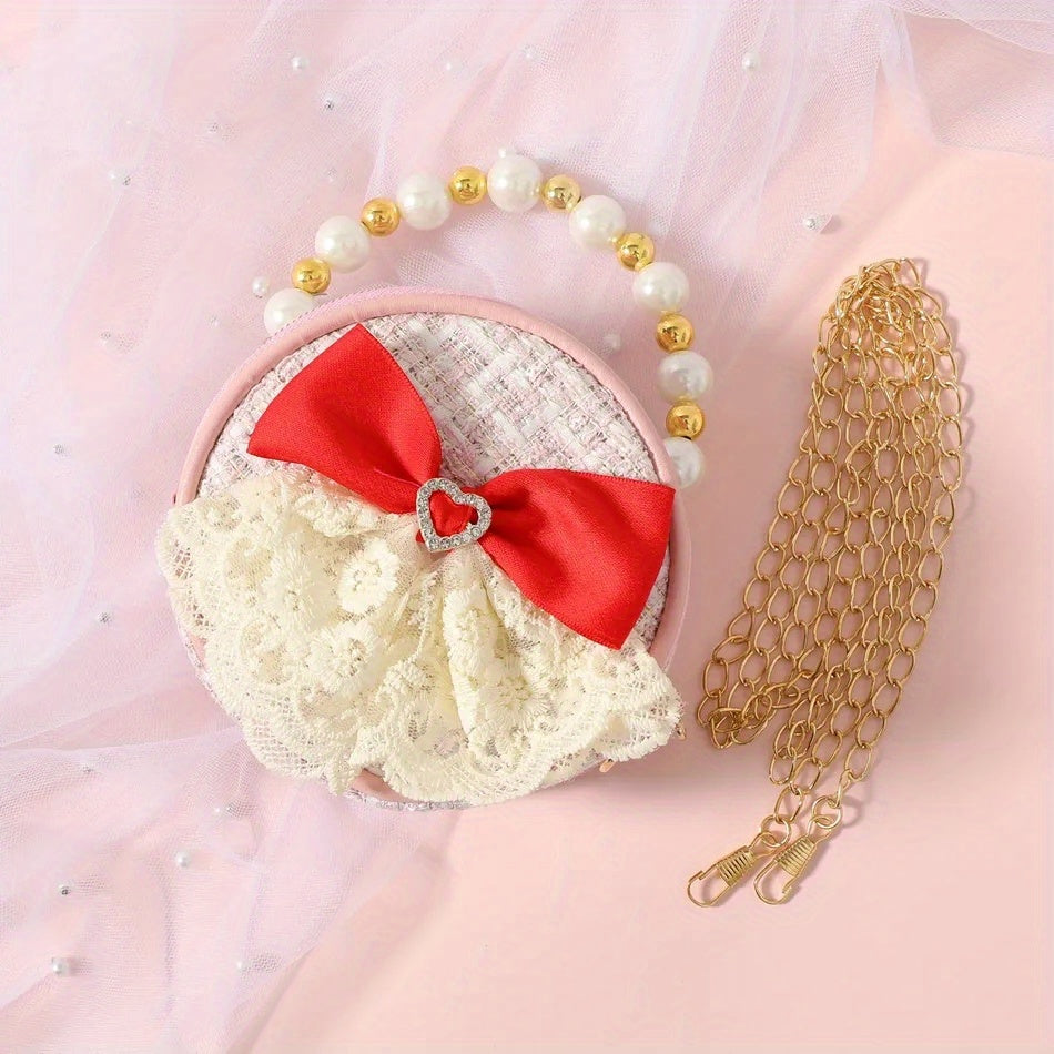 Kids Round Faux Pearl Beaded Handbag Chain Crossbody Bag