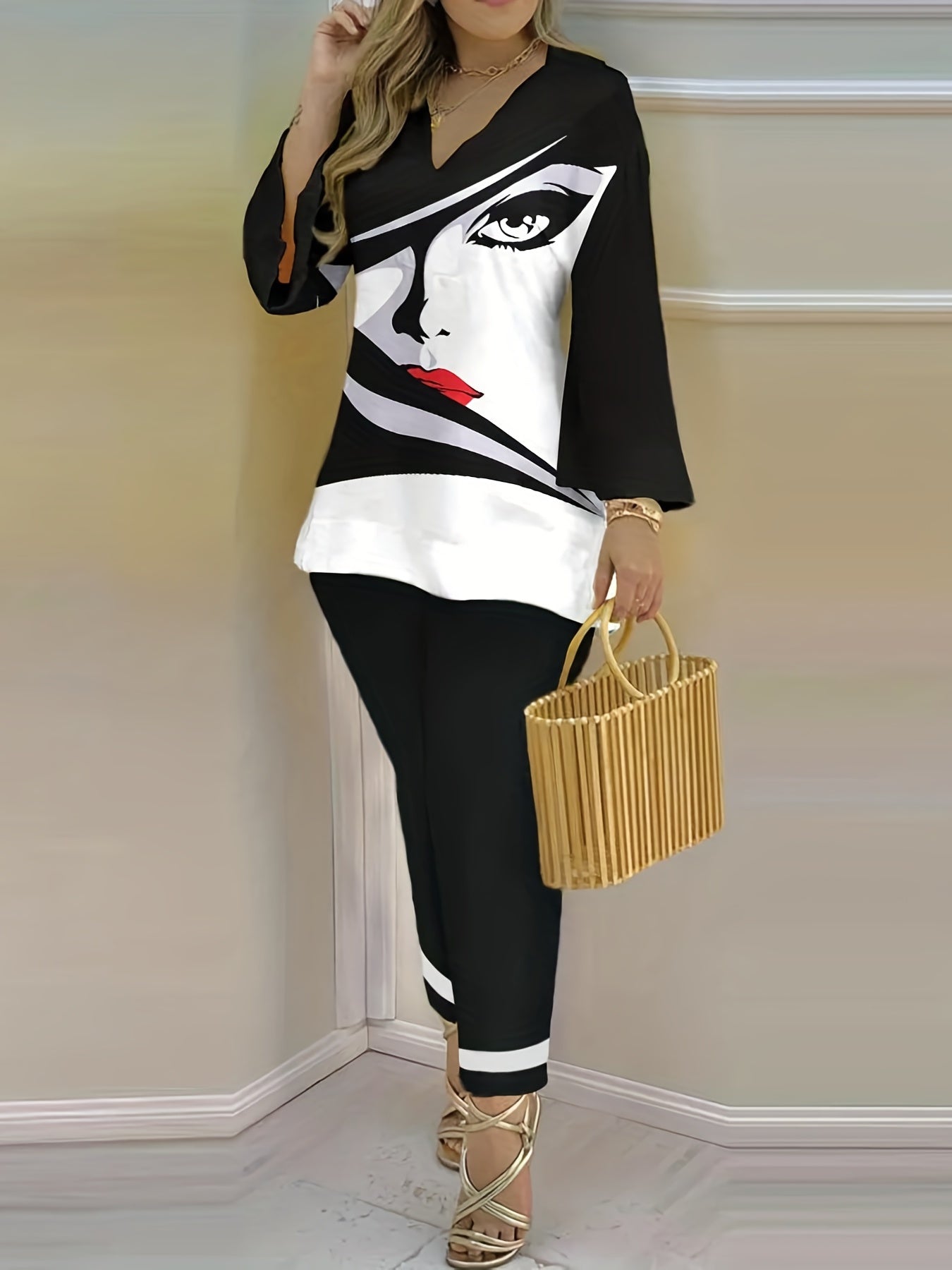 Graphic Print Casual Two Piece Set V Neck Flared Sleeve Tops & Pants