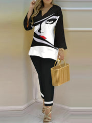 Graphic Print Casual Two Piece Set V Neck Flared Sleeve Tops & Pants