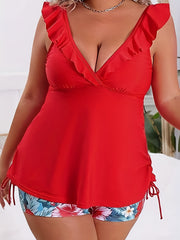 Ruffle Trim Lace Up Tankini Set