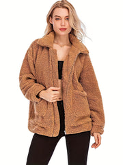 Solid Zip Up Teddy Coat Casual Long Sleeve Pocket Front Warm Outerwear