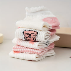 5 Pairs Bear Print & Ruffle Ankle Socks Women's Stockings