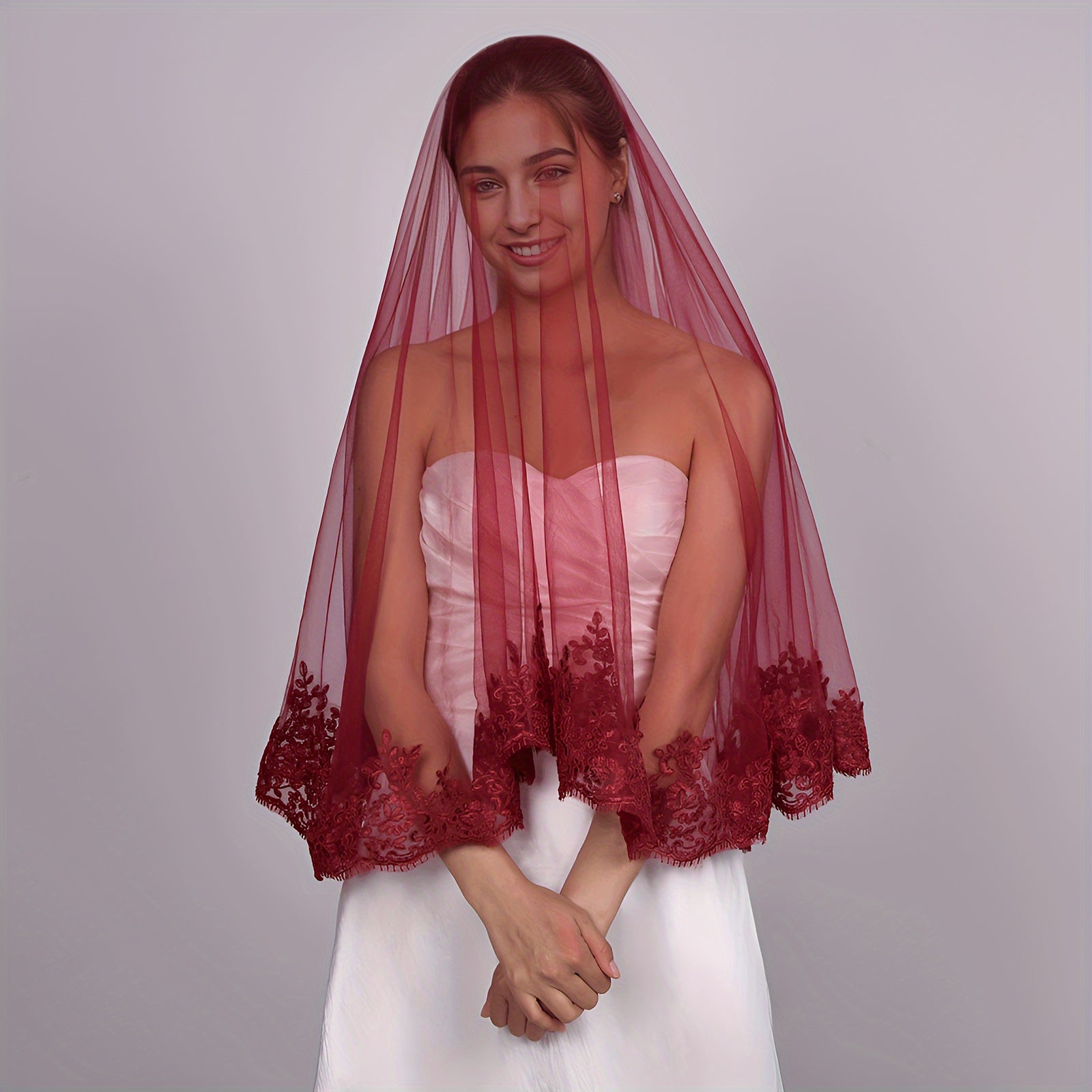 Red Lace Bridal Veil Single Layer Wedding Headpiece Romantic Bride Hair