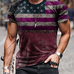 Flag Print T shirt Men's Casual Street Style Stretch Round Neck Tee Shirt