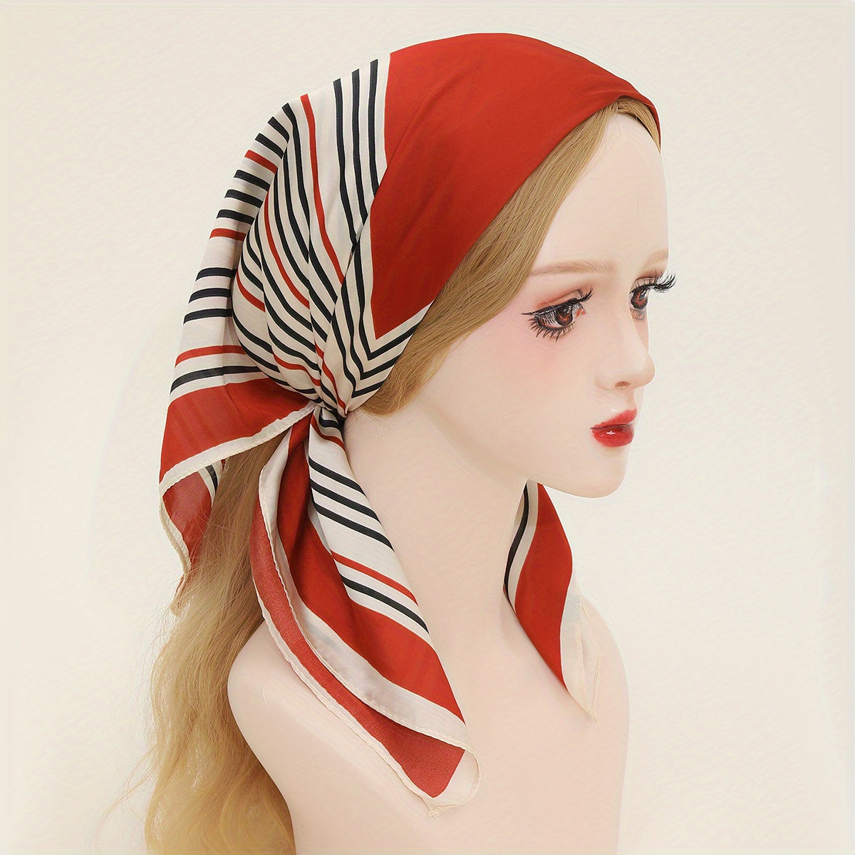 Orange Striped Print Bandana Shawl Satin Square Scarf For Women