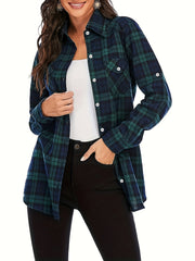 Plaid Print Button Up Long Sleeve Blouse
