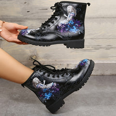 Women's Gothic Ankle Combat Boots Round Toe Lace Up Chunky Heel Short Boots