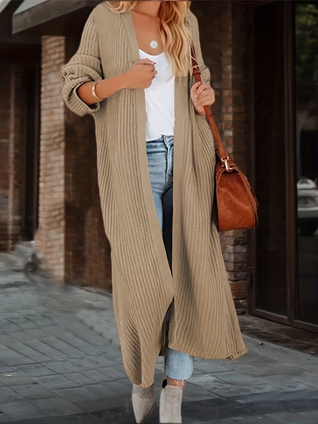 Solid Ribbed Long Sleeve Open Front Knitted Cardigan