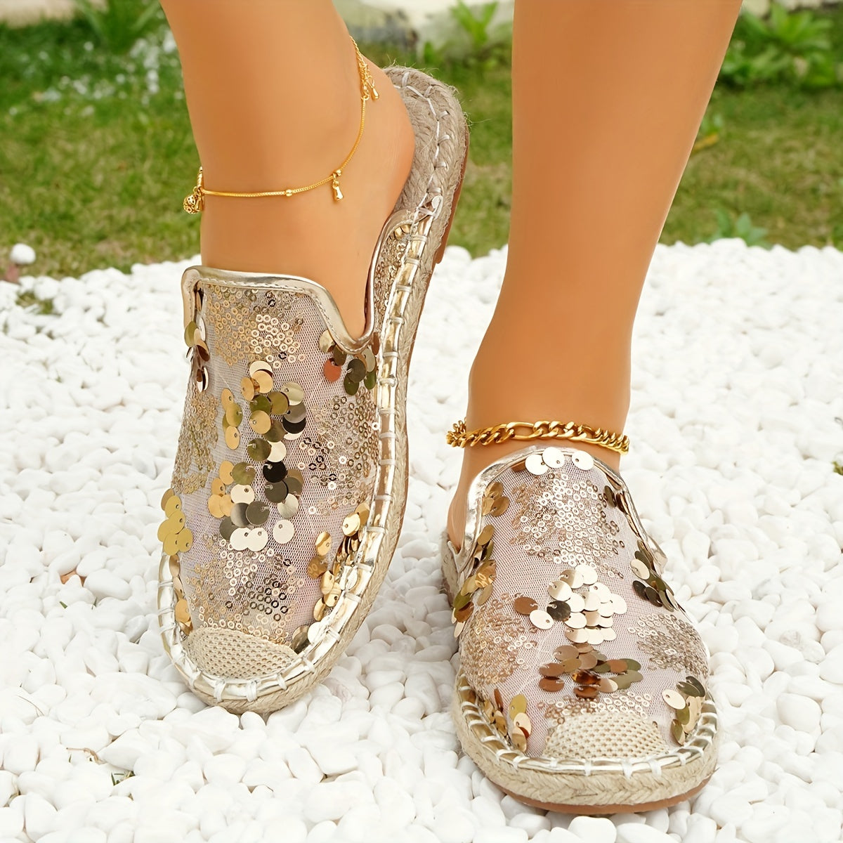 Sequins Mesh Panel Slip On Espadrilles Shoes Glitter Comfy Summer Shoes