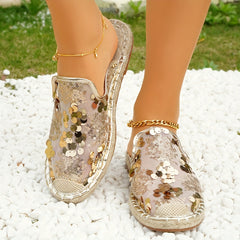 Sequins Mesh Panel Slip On Espadrilles Shoes Glitter Comfy Summer Shoes