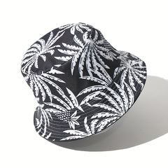 Unisex Sunshade Bucket Hat Black/Leaf Pattern Outdoor Travel