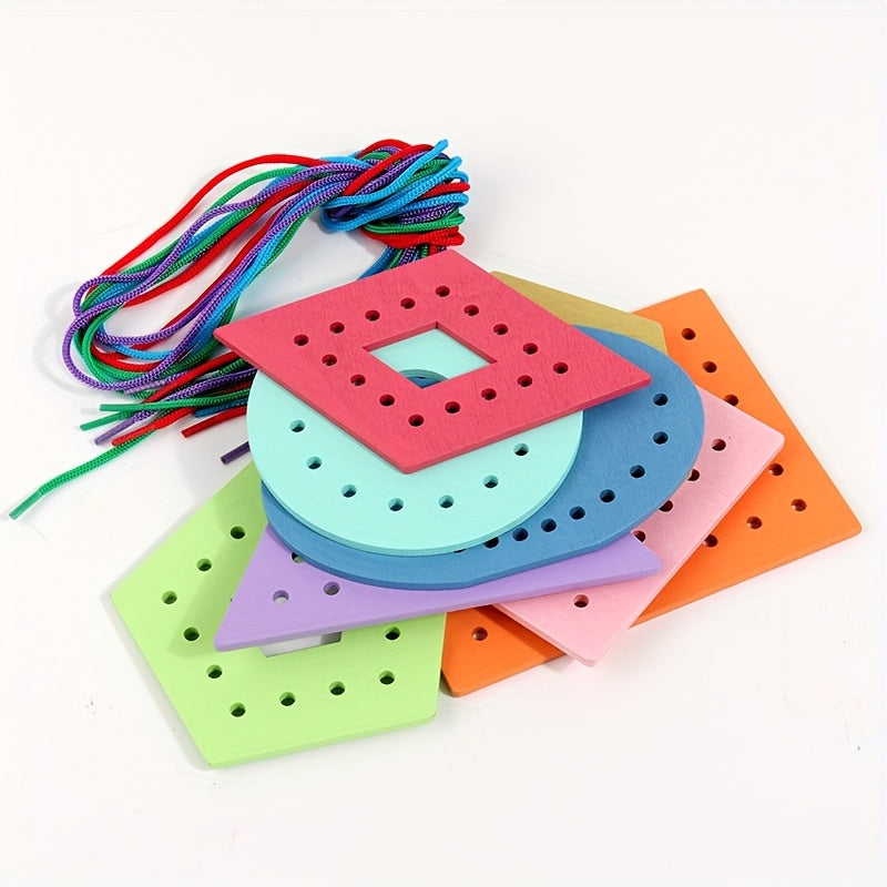 Colorful Wooden Rope Toy 8 Shapes Educational Sensory Play