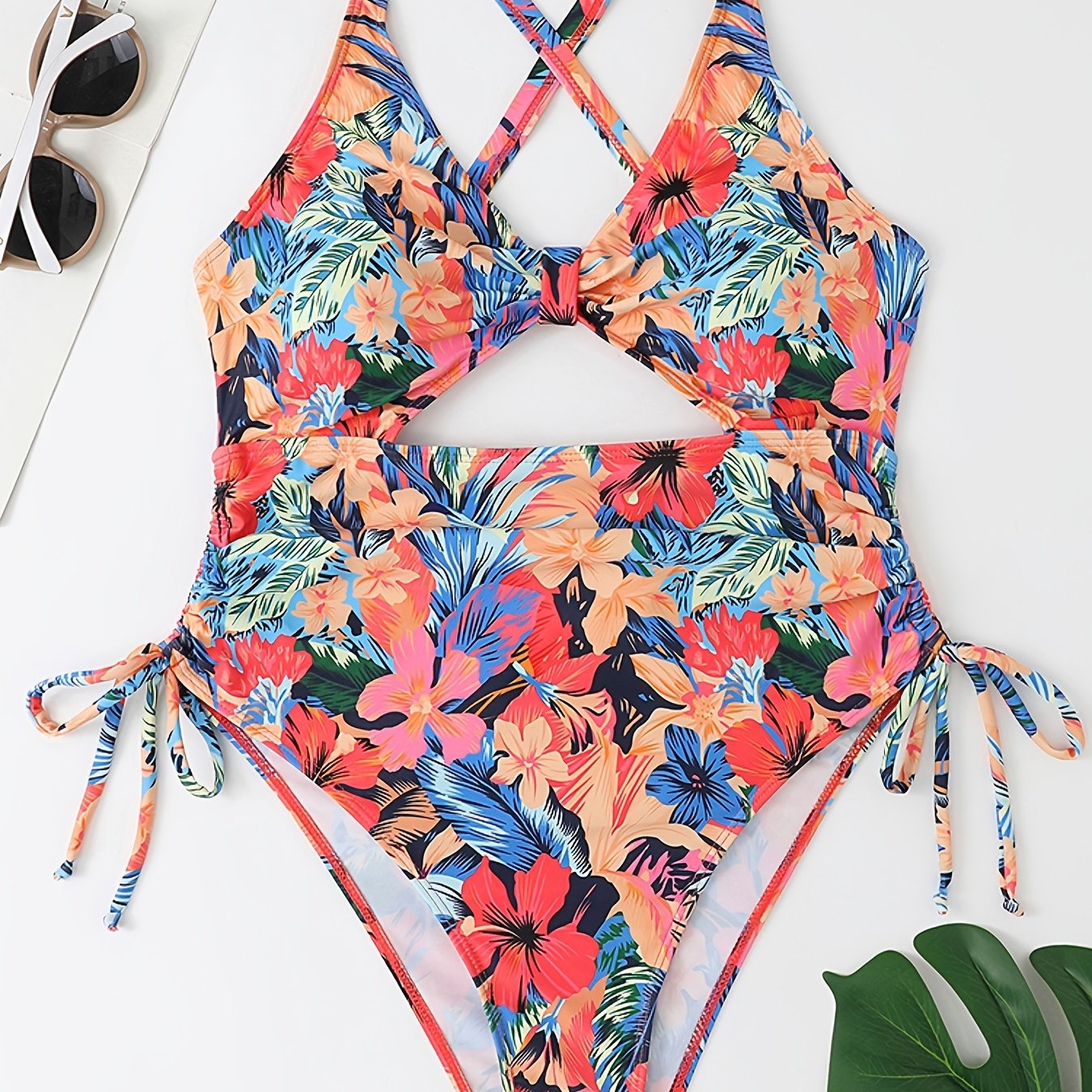 Tropical Print Side Drawstring Cut Out One Piece Beachwear Swimsuit