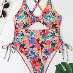 Tropical Print Side Drawstring Cut Out One Piece Beachwear Swimsuit