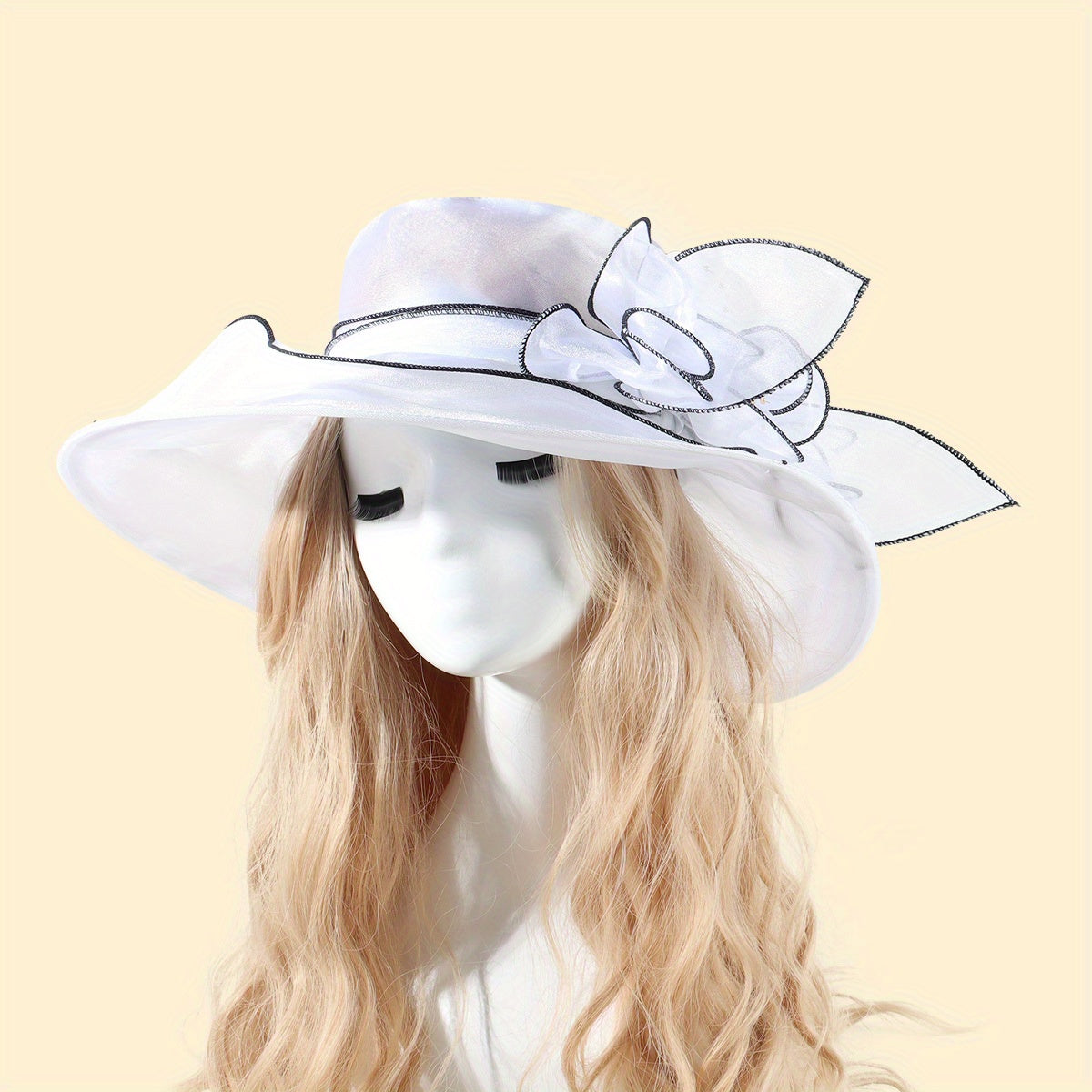 Wide Brim Sun Hat Organza Bridal Wedding Hat 3D Flower Church Hat