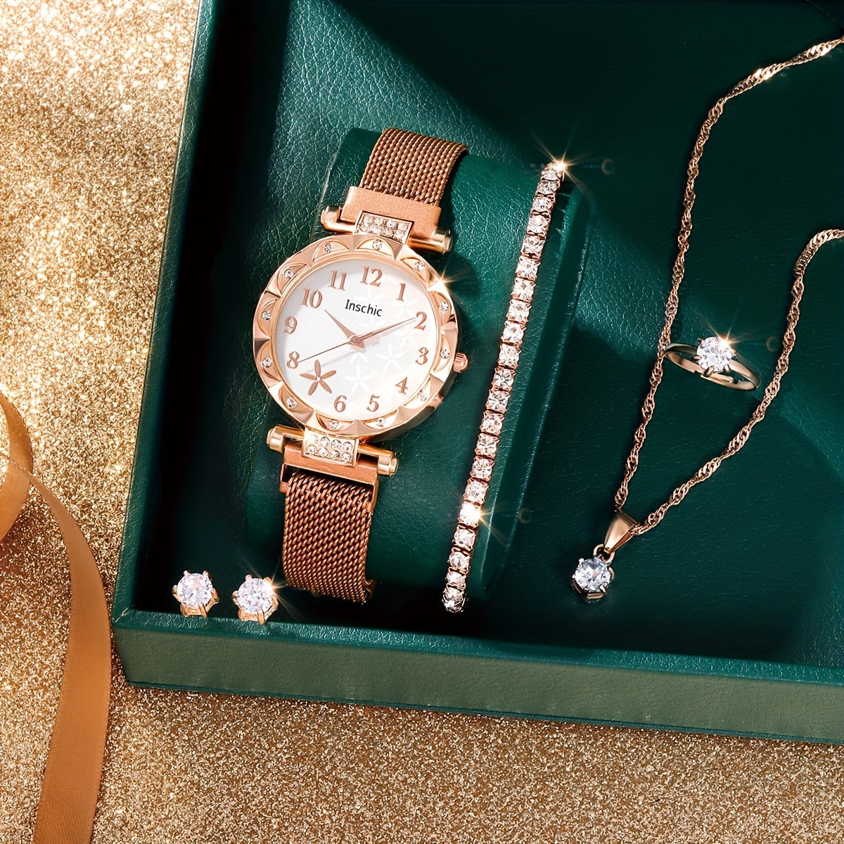 Rhinestone Quartz Wrist Watch & Jewelry Set - Children's Gift