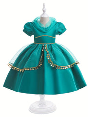 Girls Puff Sleeve Mesh Dress Costume for Performance Party