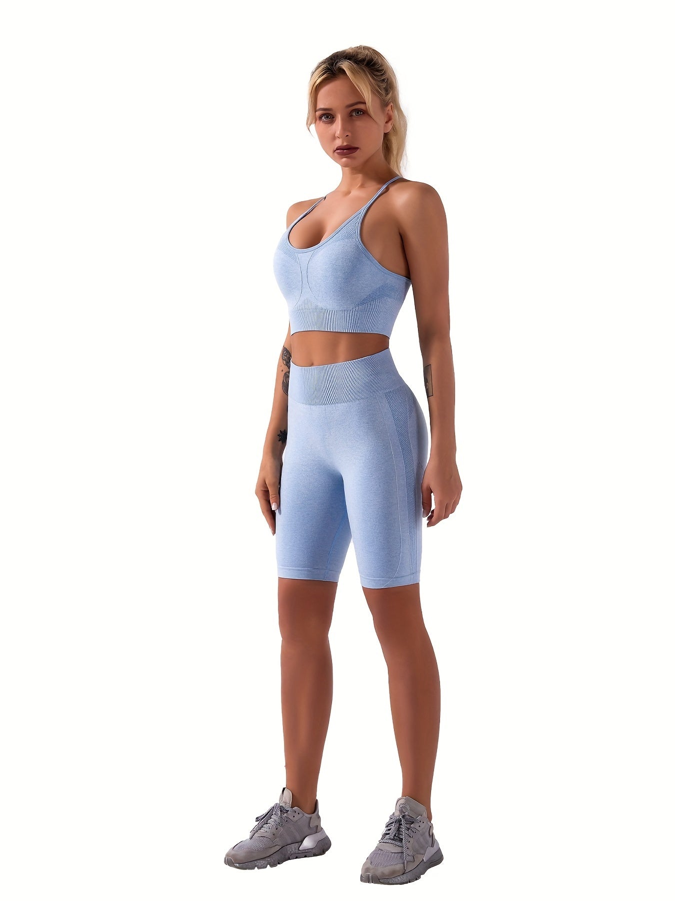 2pcs Seamless Workout Sets High Impact Sports Bras And High Waist Biker Shorts