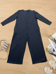Solid Long Sleeve V Neck Wide Leg Jumpsuit With Pockets