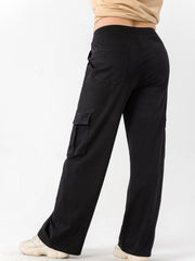 Solid High Stretch Wide Leg Cargo Jeans with Pockets