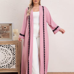 Boho Abaya Robe Contrast Lace Long Sleeve Open Front Dress