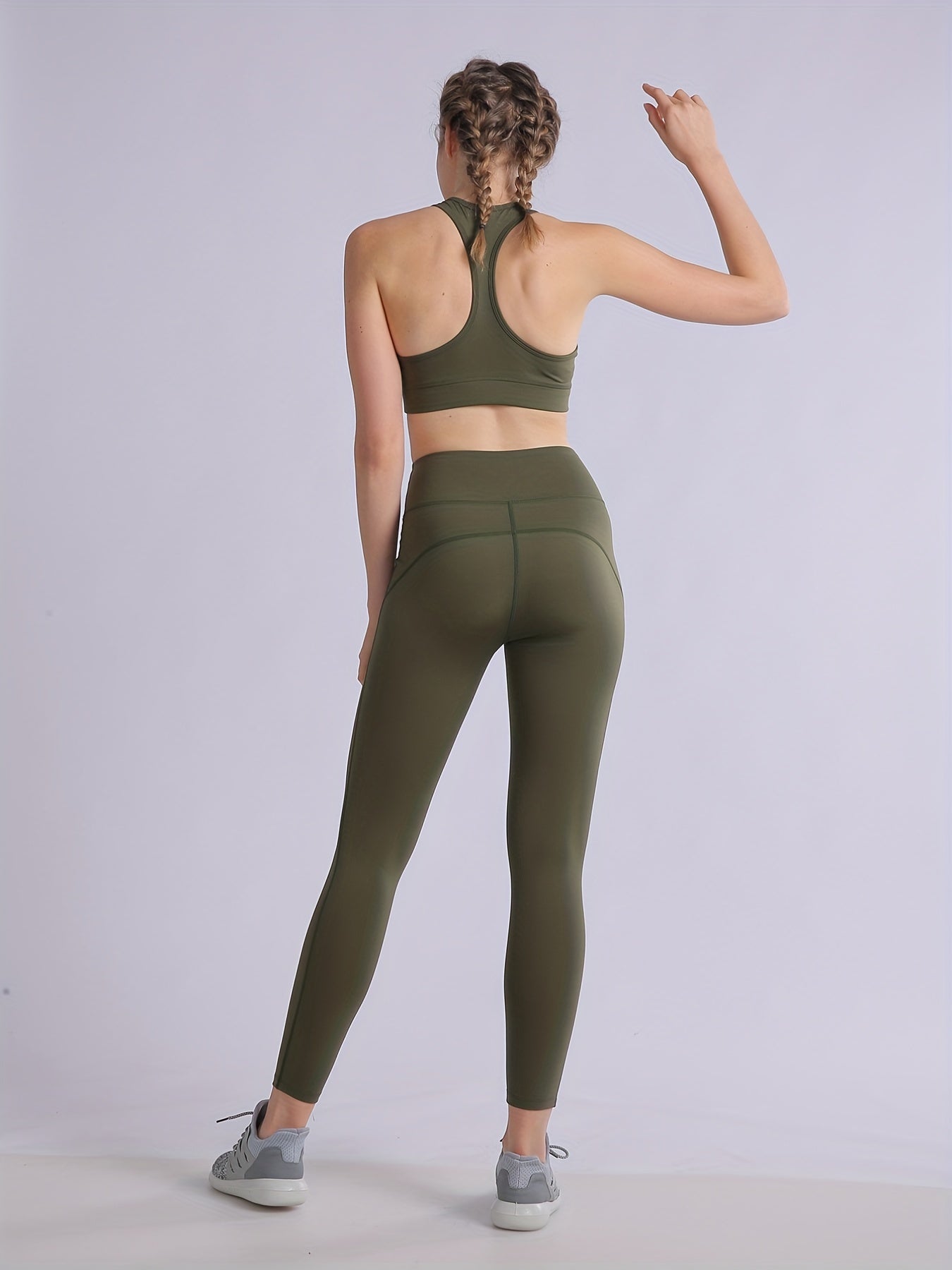 2pcs Solid Yoga Sports Bra & Leggings Set Women's Activewear