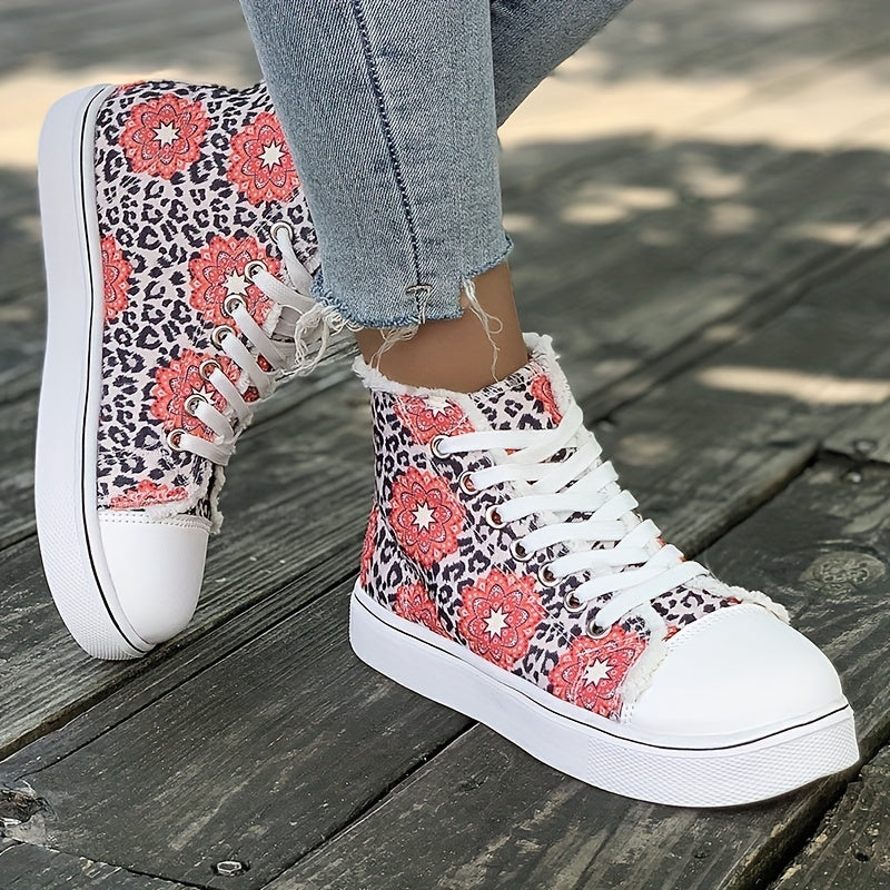 Floral & Leopard Print High Top Canvas Sneakers Lace Up Skate Shoes