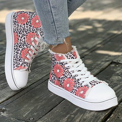 Floral & Leopard Print High Top Canvas Sneakers Lace Up Skate Shoes