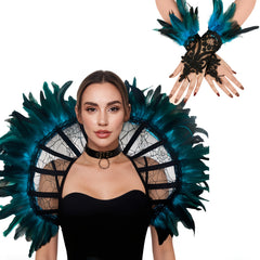 Gothic Corset & Glove Set Teal Feather Accents Ruffled Sleeves Halloween Cosplay