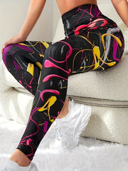Heart Graffiti Print Yoga Leggings High Waist Stretchy Sports Tight Pants