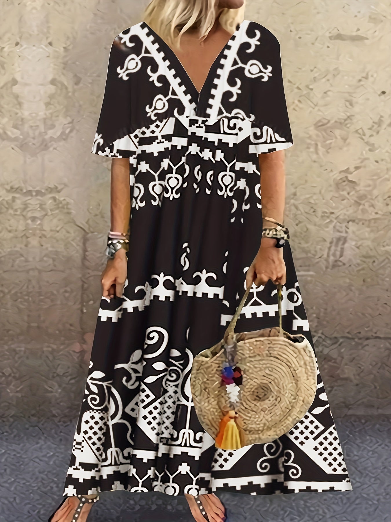 Boho Dress Women's Plus Geometric Print V Neck Short Sleeve Maxi Dress