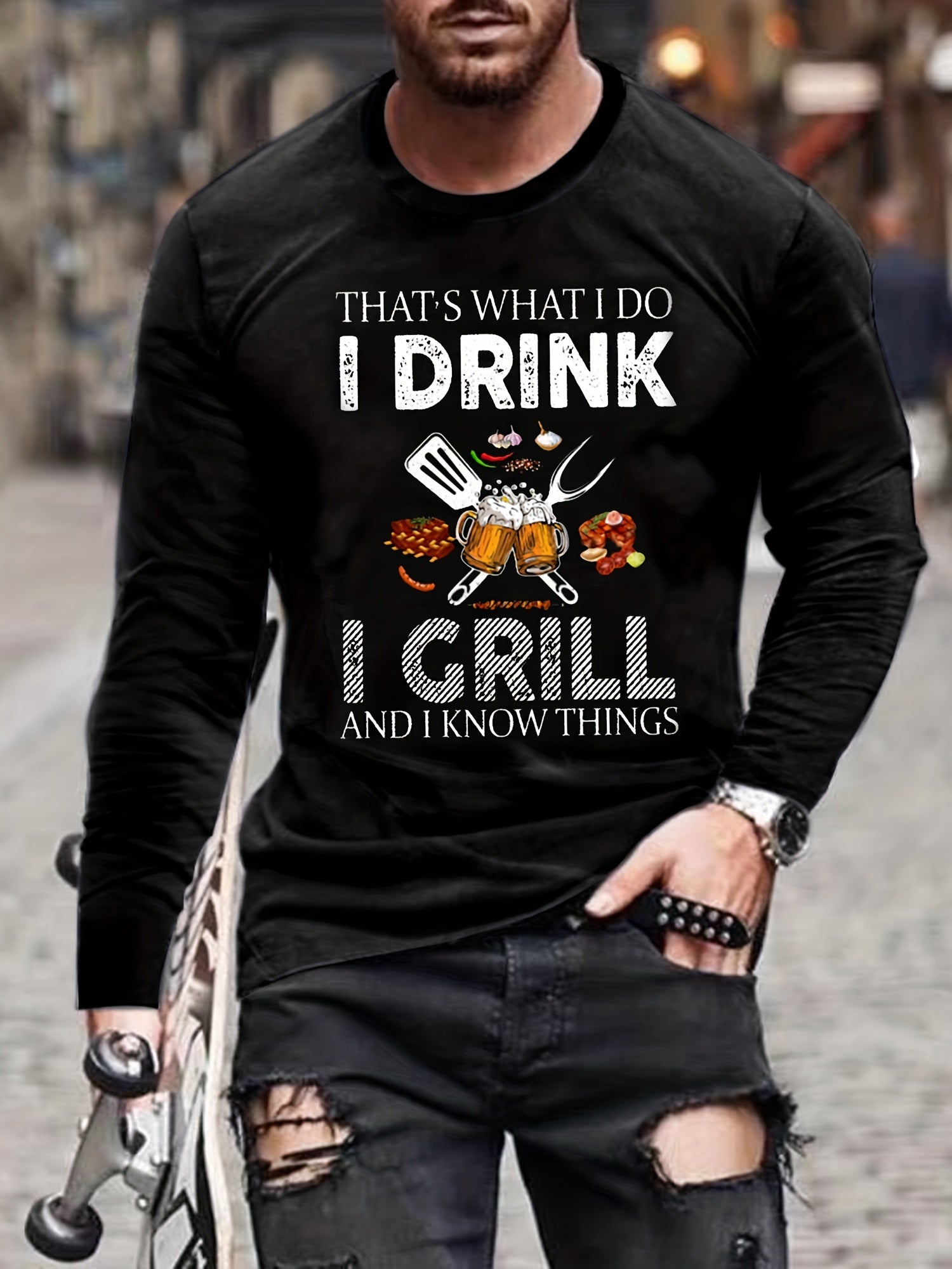 Men's Long Sleeve Novelty Tee - I Drink I Grill Print