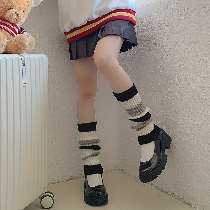 Striped Knitted Leg Warmers Colorblock Knee High Socks