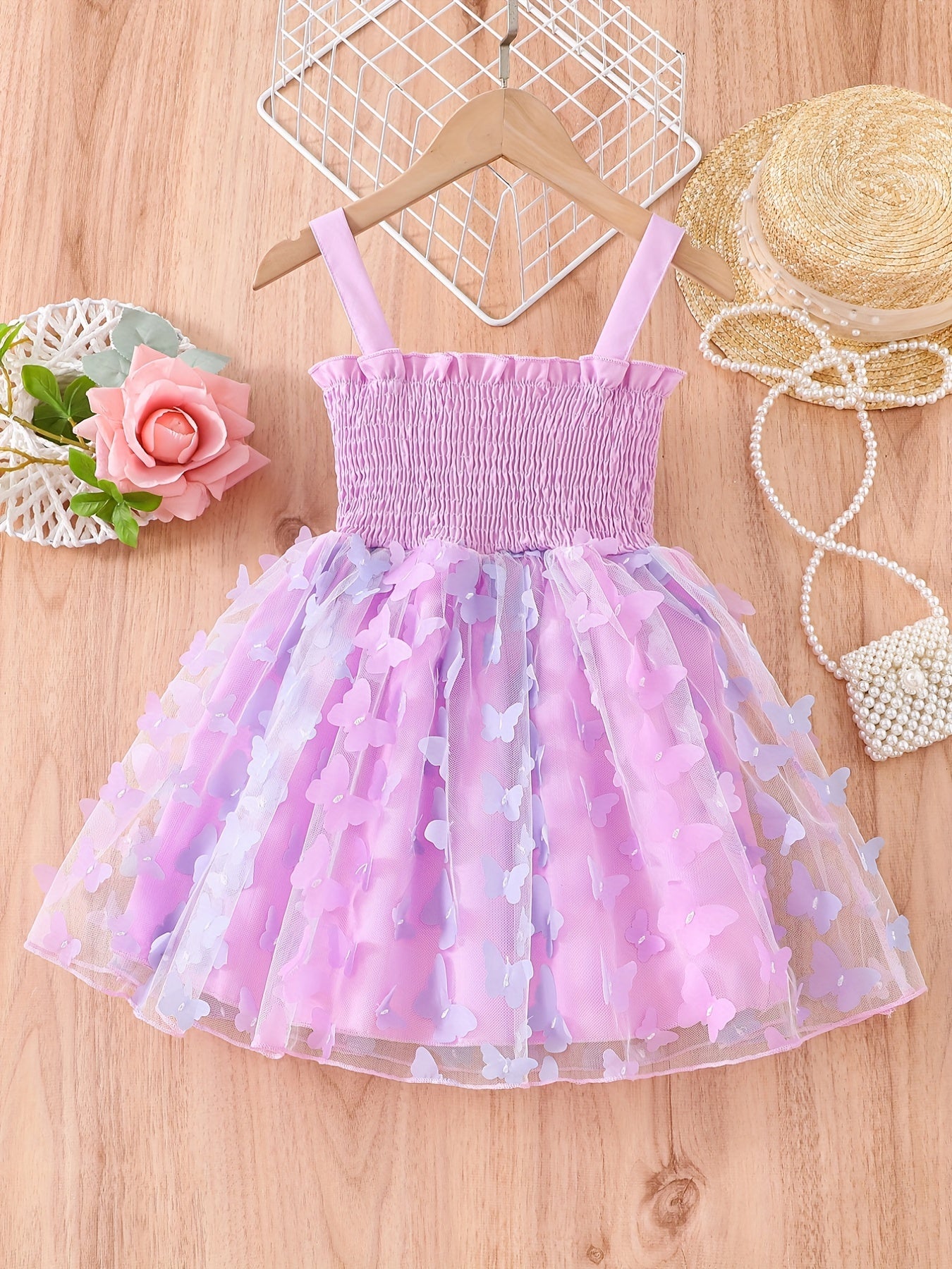 Toddler Girls Butterfly Applique Frill Trim Cami Dress