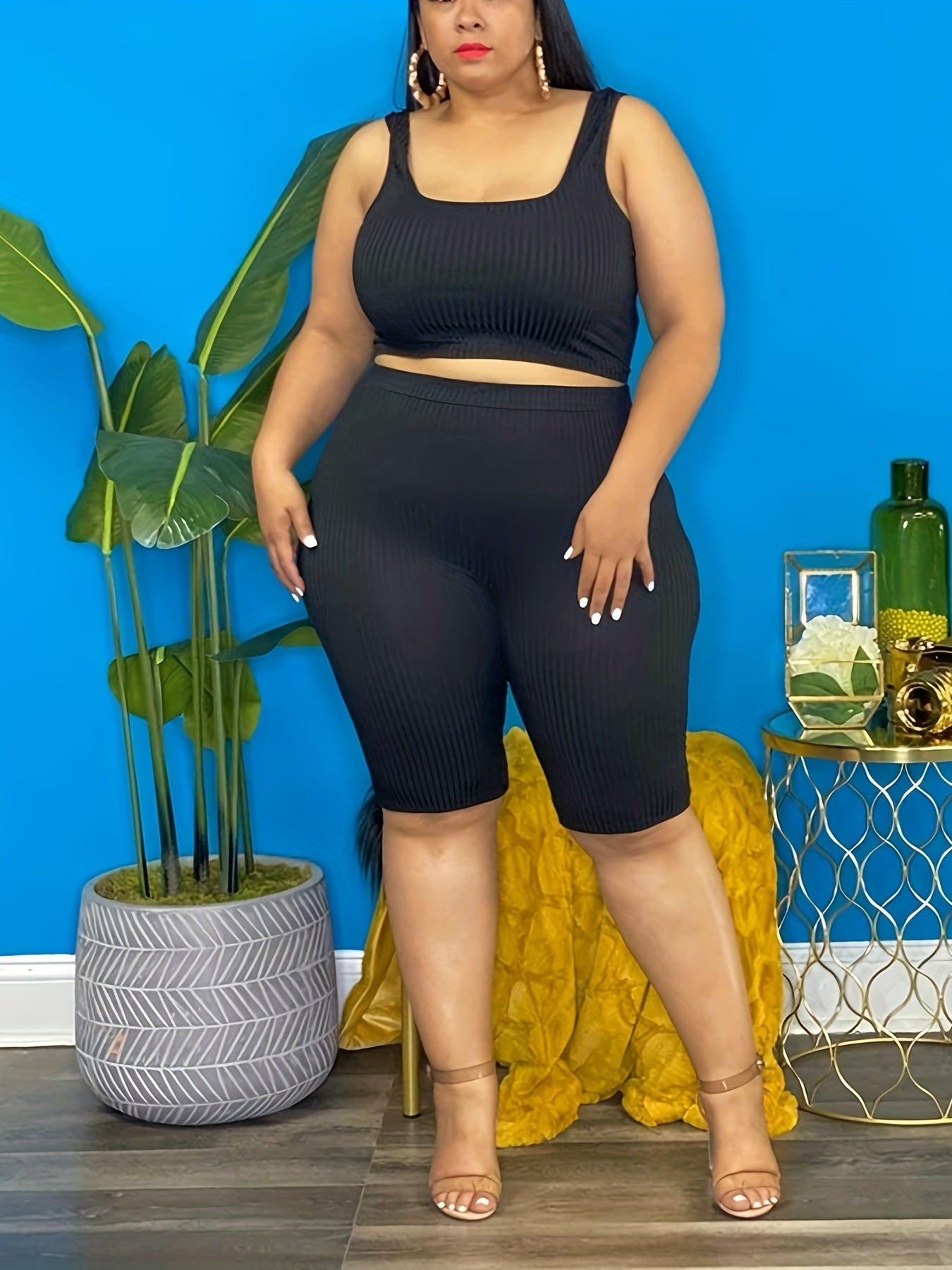Ribbed Tank Crop Top & Shorts & Long Cardigan 3pcs Outfits Set