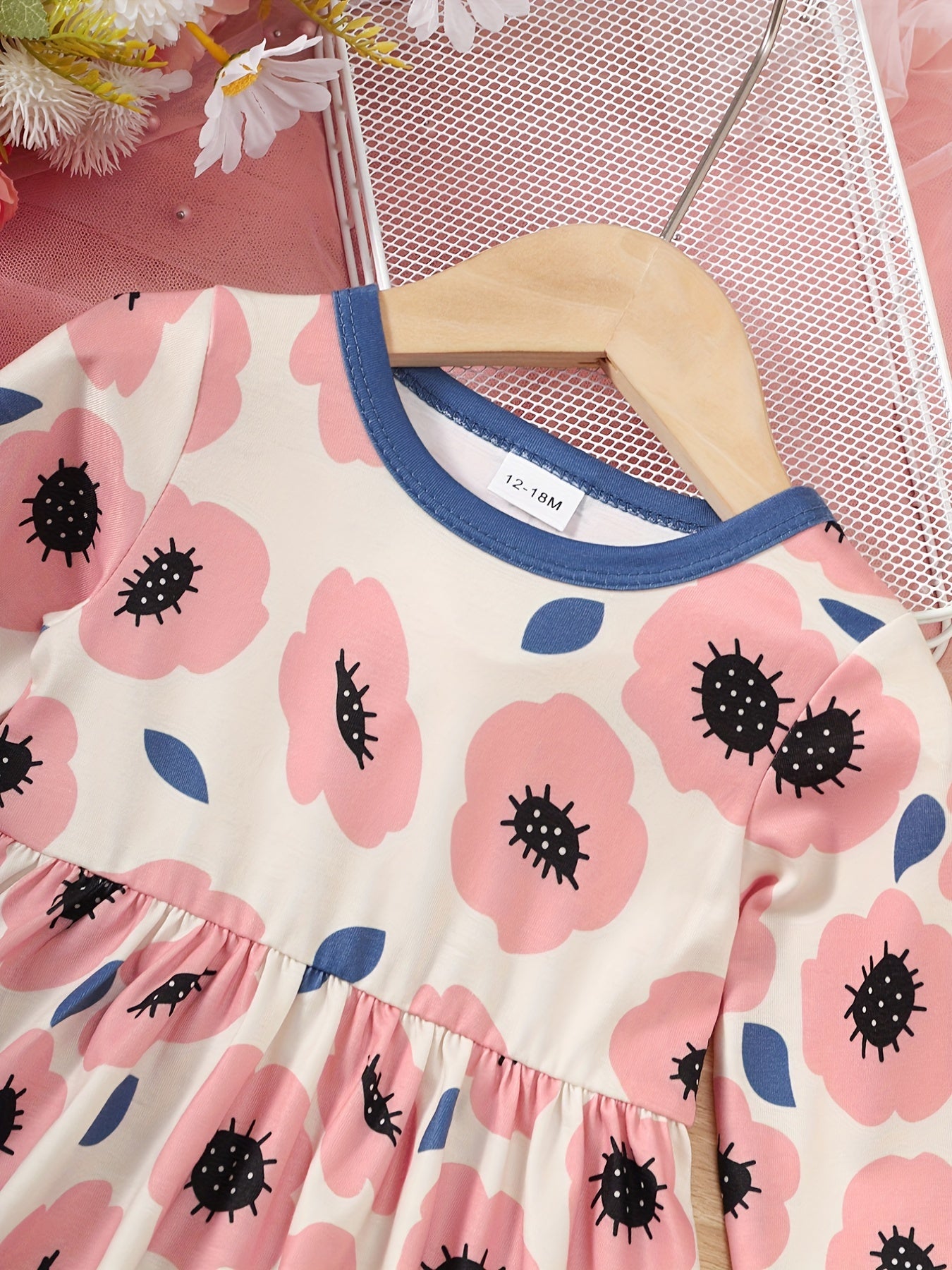 Girls Casual Flower Polka Dots Long Sleeves Dress