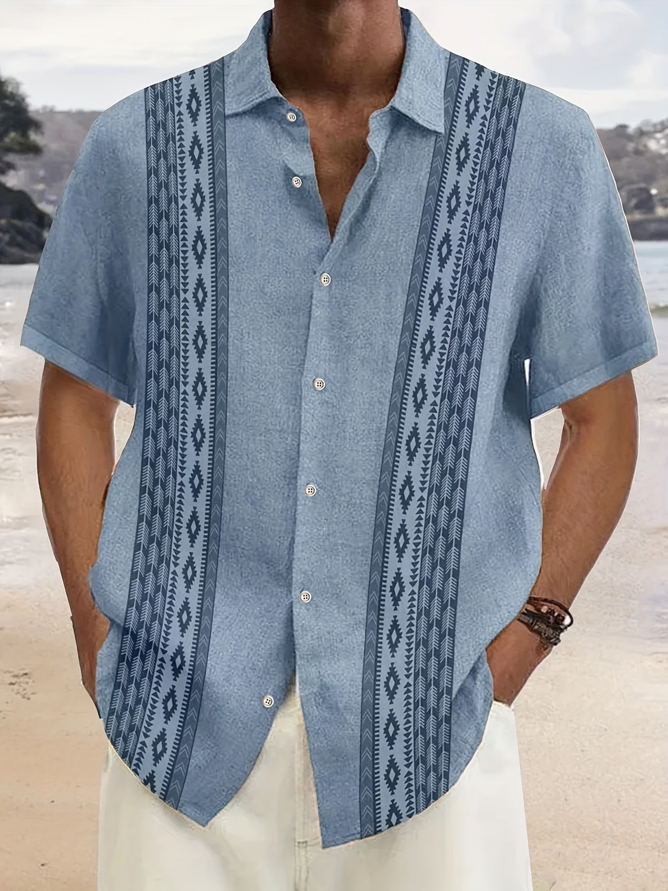 Retro Style Stripe Print Men's Casual Short Sleeve Shirt