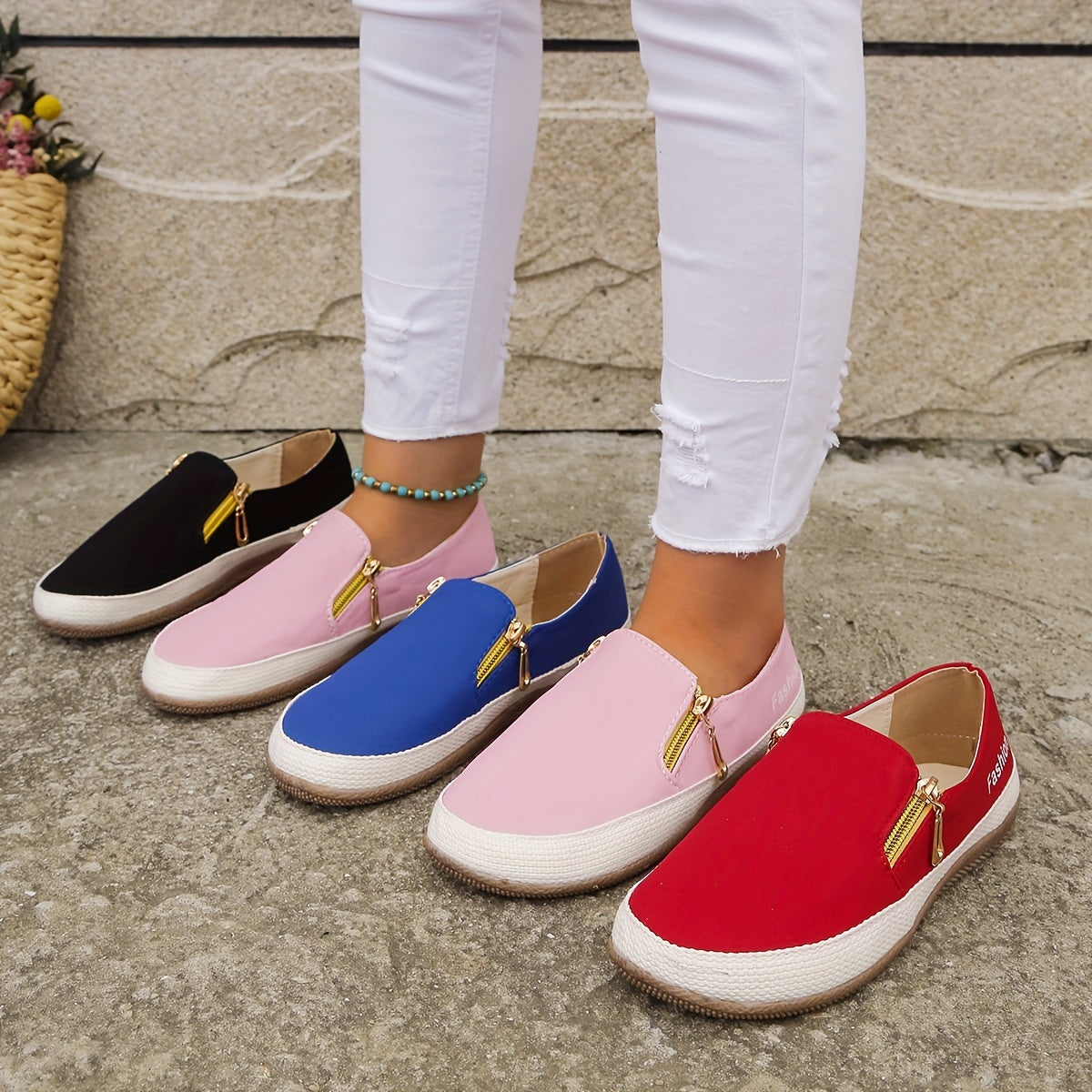 Women's Side Zipper Flat Shoes Solid Non Slip Shoes Casual Walking Outdoor Flats