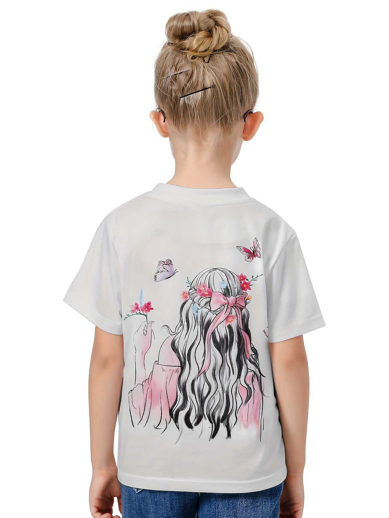 Cute 3D Cartoon Girl Crew Neck T-shirt for Girls