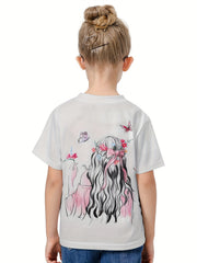 Cute 3D Cartoon Girl Crew Neck T-shirt for Girls