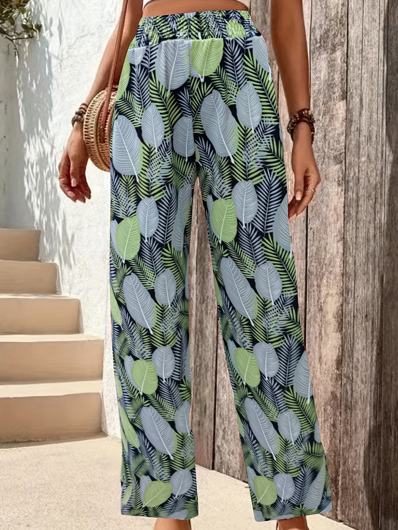 Women's Plus Tropical Print Shirred Waist High Rise Loose Fit Trousers