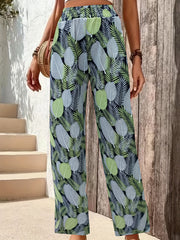 Women's Plus Tropical Print Shirred Waist High Rise Loose Fit Trousers