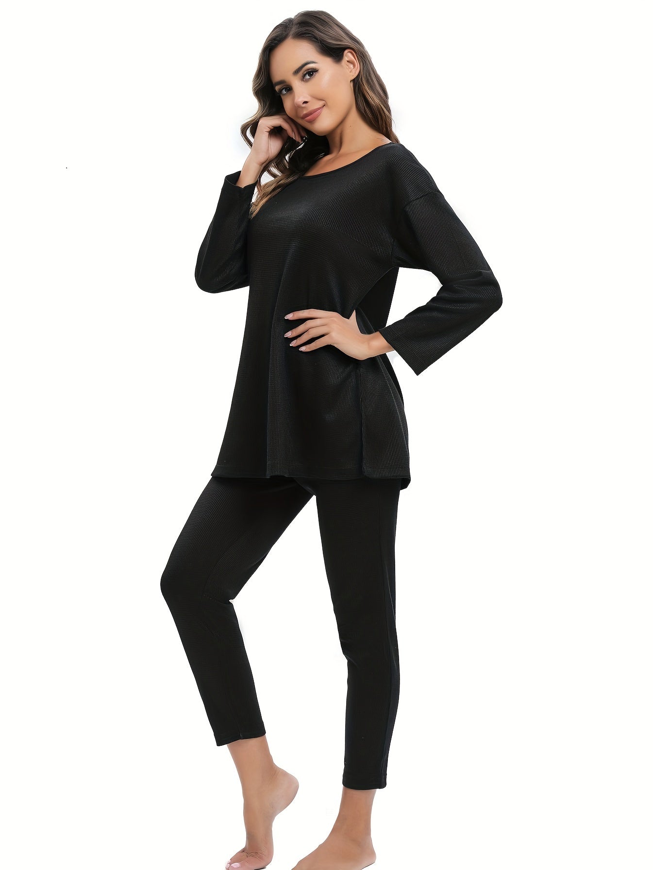 Women's Solid Lounge Set Long Sleeve Crew Neck Top & Pants