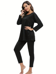 Women's Solid Lounge Set Long Sleeve Crew Neck Top & Pants