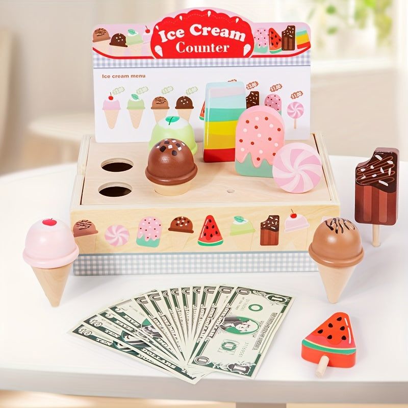Wooden Ice Cream Shop Playset with Play Money