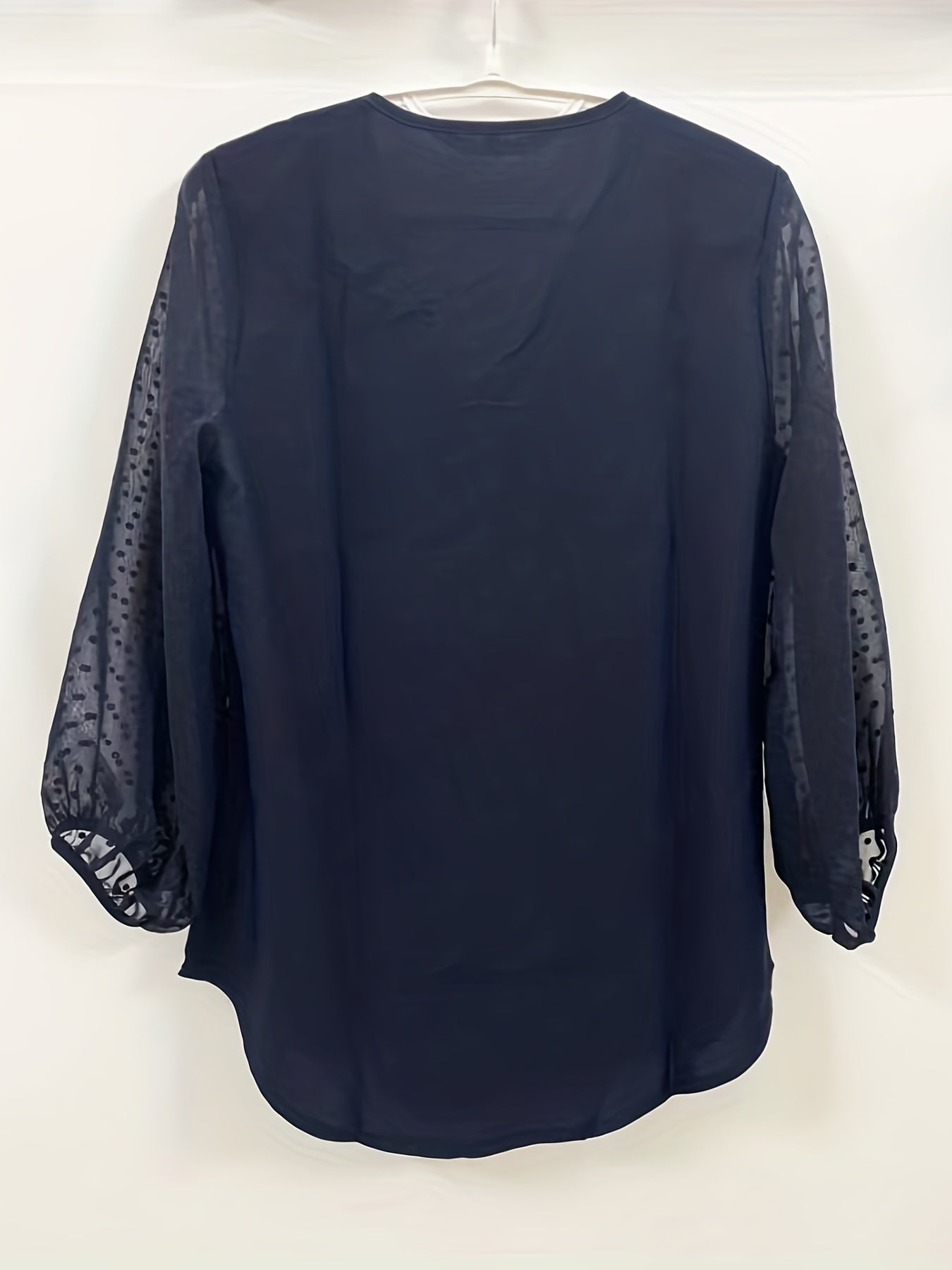 V Neck Loose Blouses Casual Mesh Stitching Dot Pom Poms 3/4 Sleeve Tops