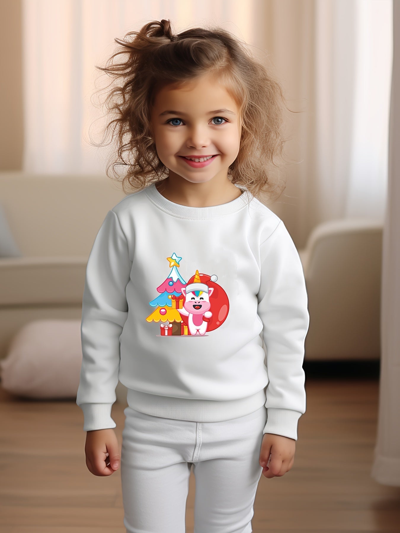 Christmas Unicorn & Tree Print Girls Sweatshirt Long Sleeve Crew Neck Tops