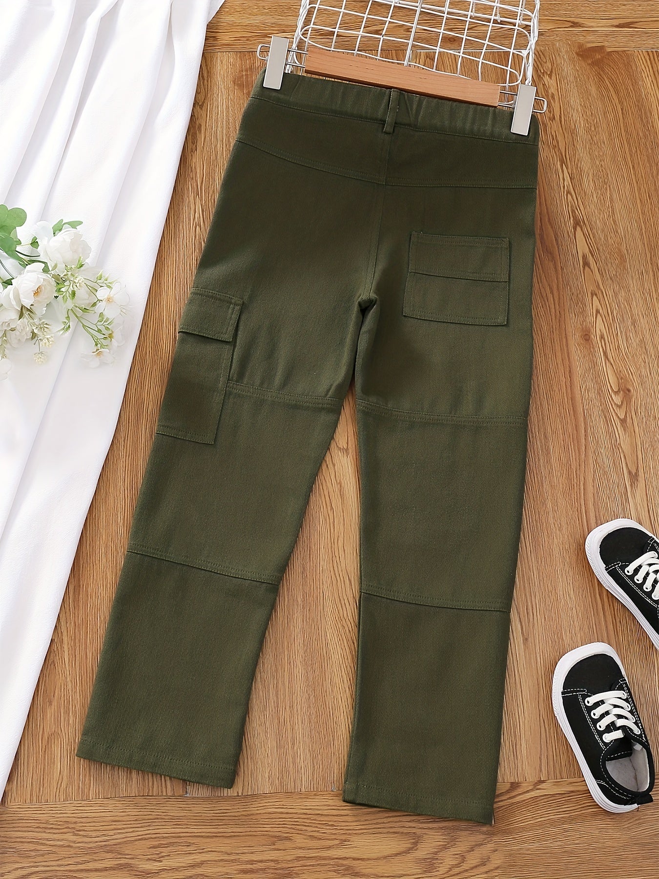 Girls Casual Cotton Cargo Pants Straight Wide Leg Jogger Pants