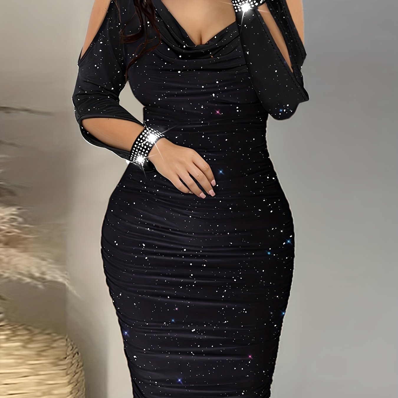 Cold Shoulder Ruched Body Con Dress Solid Sexy Dress For Spring & Fall