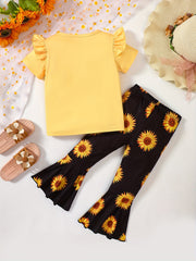Girls Pink Sunflower Print Ruffles T-Shirt & Flare Leg Pants Set